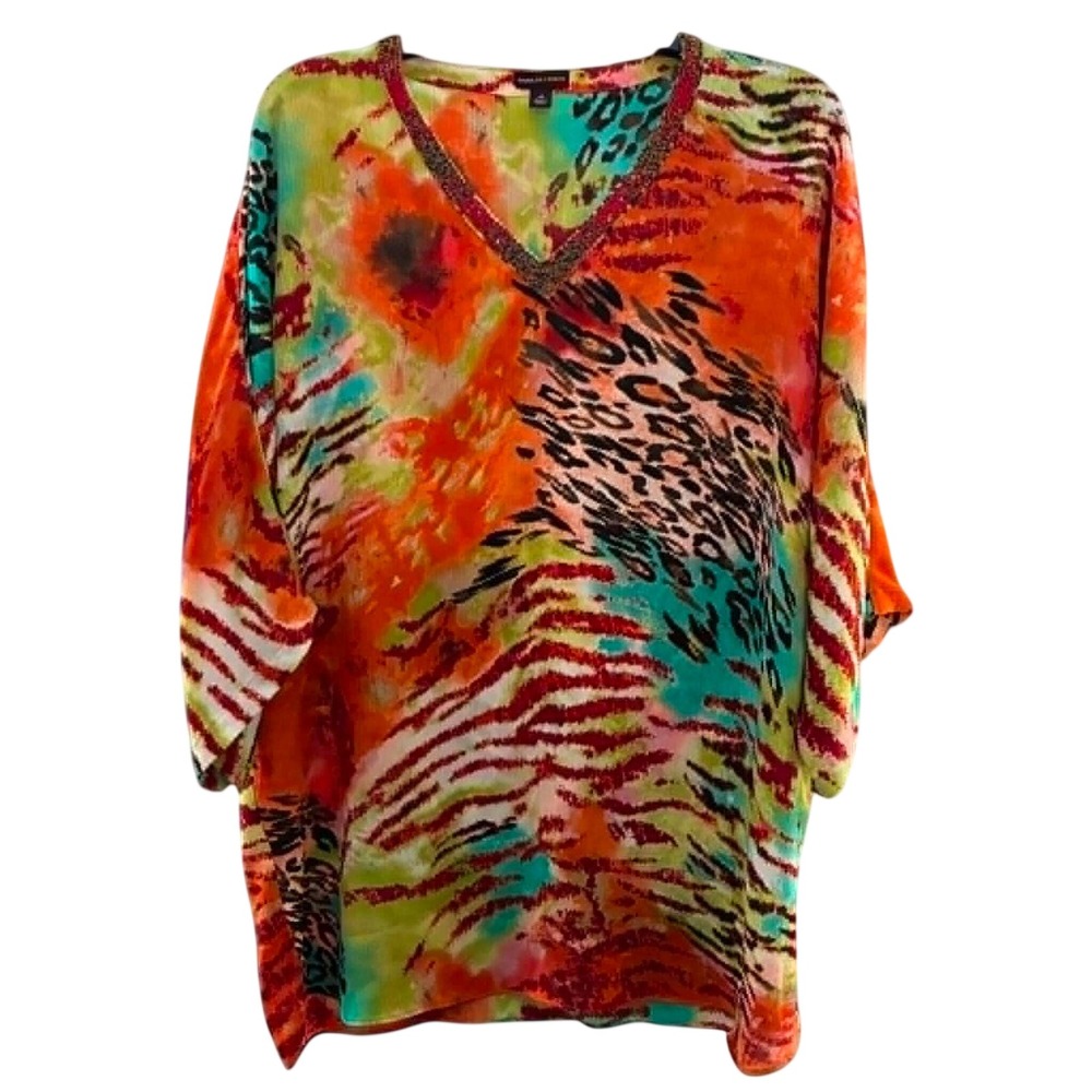 Dana Buchman Tunic Top Womens M Multicolor Beaded V-Neck Animal Print Boho Y2K